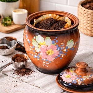 Könnte beinhalten: Eine braune Keramik-Kaffeekanne mit einem Blumendesign in Rosa, Weiß und Blau. Die Kanne ist mit Kaffeepulver und einem Filter gefüllt. Der Deckel befindet sich neben der Kanne. Die Kanne steht auf einer weißen Oberfläche.