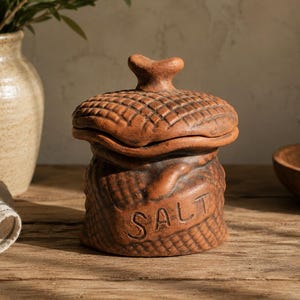 Pinch Salt Cellar with Lid, Handmade Clay Salt Pot, Small Kitchen Salt Holder, Rustic Cooking Jar, New Home Gift