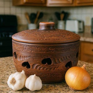 May include: A brown ceramic garlic keeper with a lid, heart-shaped cutouts, and decorative carvings. Two heads of garlic and an onion sit in front of the keeper on a countertop. The keeper is designed to store garlic and onions.