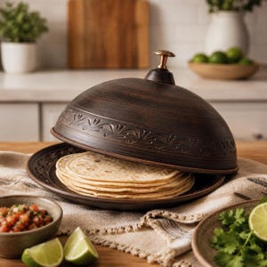 Peut inclure: Un ensemble chauffe-tortilla en céramique brun foncé composé d'une assiette ronde et d'un couvercle bombé assorti avec une petite poignée. Le couvercle présente un motif gaufré décoratif sur le bord. Une pile de galettes repose sur l'assiette.