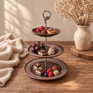 May include: A three-tiered serving stand made of dark brown ceramic plates with embossed patterns, connected by a central metal rod featuring a leaf-shaped handle. The stand holds various small desserts, including chocolate squares, berries, and tarts.