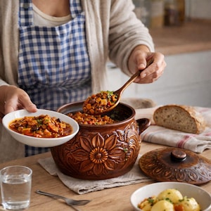 Könnte beinhalten: Ein brauner Keramiktopf mit floralem Design ist mit Eintopf gefüllt. Ein Holzlöffel schöpft Eintopf in eine weiße Schüssel. Eine Scheibe Brot und ein Glas Wasser stehen auf dem Holztisch. Der Topf hat einen Deckel.