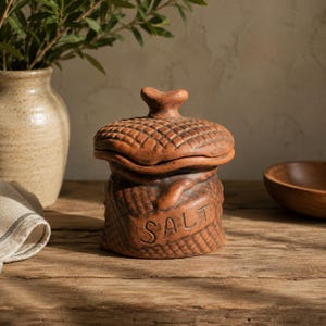 May include: A terracotta salt cellar with a textured, cross-hatched pattern on the lid and base. The word SALT is embossed in capital letters on the front. The container features a rounded lid with a small, central handle for easy removal.