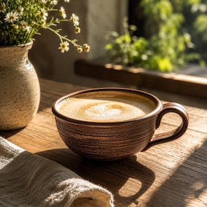 Könnte beinhalten: Eine braune Keramiktasse mit Kaffee und cremiger Schaumkrone steht auf einem Holztisch. Die Tasse hat ein strukturiertes Design. Eine Vase mit weißen Blumen und ein gefaltetes Tuch befinden sich ebenfalls auf dem Tisch, in der Nähe eines sonnigen Fensters.