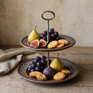 Ceramic Two Tier Serving Stand, Handmade Dessert and Fruit Tray, European Rustic Pottery