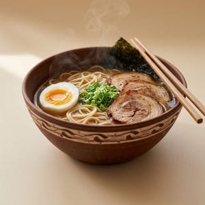 May include: A steaming bowl of ramen in a brown ceramic bowl with a decorative rim. The dish contains wheat noodles, sliced pork belly, a soft-boiled egg with a bright orange yolk, chopped green onions, and a sheet of dark nori, with wooden chopsticks.