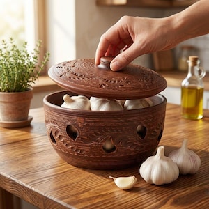 Könnte beinhalten: Ein brauner Knoblauchtopf aus Keramik mit Deckel, gefüllt mit Knoblauchzehen. Der Topf hat dekorative Aussparungen und geschnitzte Blumenmuster. Eine Hand hebt den Deckel an. Zwei Knoblauchzehen und eine Zehe liegen auf der Holzoberfläche.