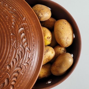 Potato Storage Bin with Lid | Handmade Rustic Potato Keeper | High-Fired Red Clay | Host Gift