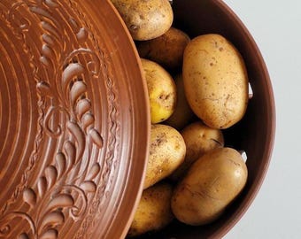 Potato Storage Bin with Lid | Handmade Rustic Potato Keeper | High-Fired Red Clay | Host Gift