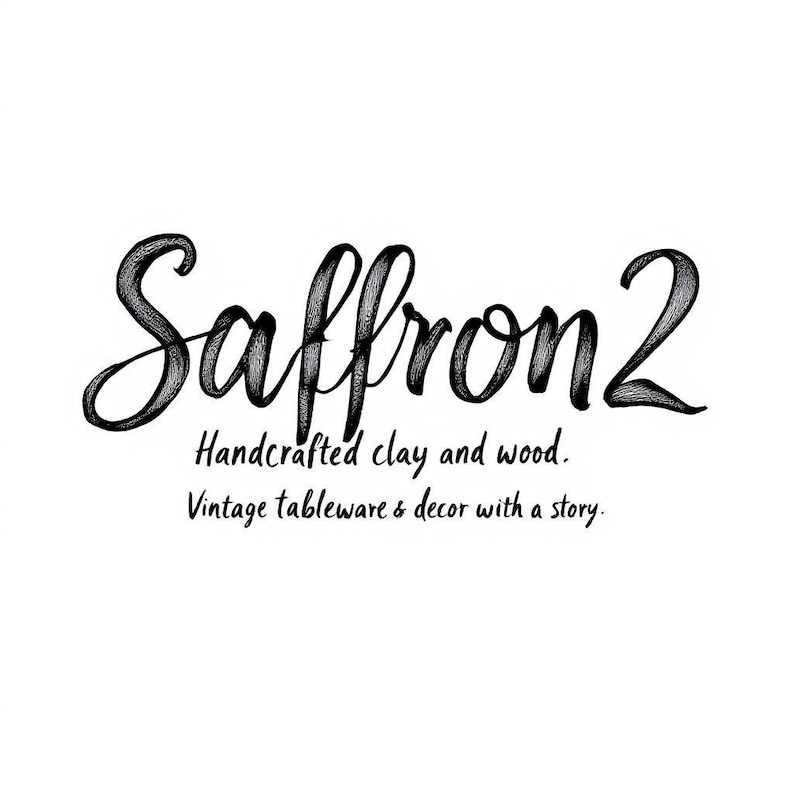 May include: A white background with the black text "Saffron 2". Below the name are the words "Handcrafted clay and wood." and "Vintage tableware & decor with a story."