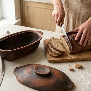 Terracotta Bread Baker with Lid, Oval Clay Baking Dish, Sourdough Loaf Pan, Rustic Oven Cookware, Handmade Farmhouse Kitchenware