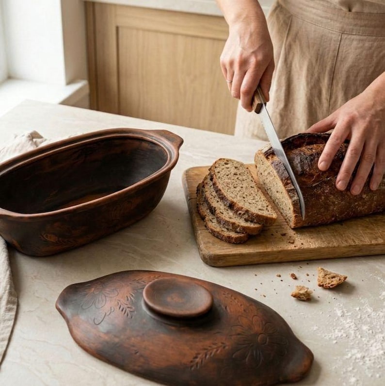 Terracotta Bread Baker with Lid, Oval Clay Baking Dish, Sourdough Loaf Pan, Rustic Oven Cookware, Handmade Farmhouse Kitchenware