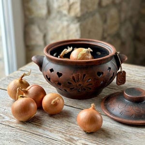 May include: A dark brown clay onion storage pot with a removable lid, featuring decorative cutouts in floral and diamond shapes. The pot has two side handles and contains one whole onion, with four additional onions placed nearby.