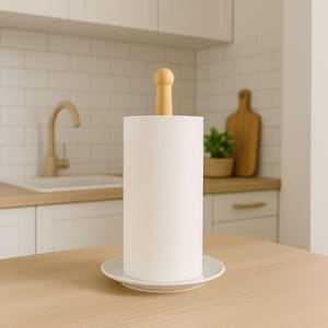 Portarotolo di carta riciclata – Piatto in legno di frassino e porcellana vintage – Decorazione rustica per cucina – Regalo ecologico fatto a mano