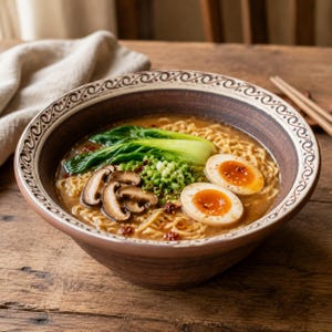 May include: A large, round, dark brown ceramic bowl with a decorative cream-coloured scroll pattern along the rim, filled with ramen noodles in a savoury broth, topped with bok choy, sliced shiitake mushrooms, chopped green onions, and two egg halves.