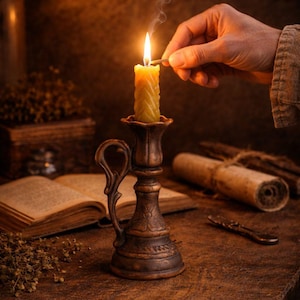 Puede incluir: Una vela amarilla encendida en un candelabro de bronce decorativo. Una mano enciende la vela con una cerilla. La escena incluye un libro abierto, pergamino enrollado y hierbas secas sobre una superficie de madera, creando una estética vintage.
