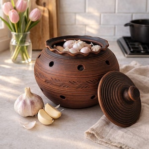 Könnte beinhalten: Ein brauner Knoblauchtopf aus Keramik mit Deckel, gefüllt mit Knoblauchzehen. Der Topf hat dekorative Blattmuster und Luftlöcher. Eine ganze Knoblauchzehe und Knoblauchzehen liegen daneben.