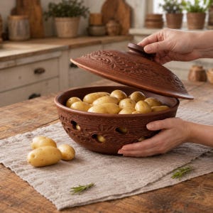 Puede incluir: Un cuenco de arcilla marrón para almacenar patatas con tapa a juego, que presenta intrincados patrones florales tallados y orificios de ventilación en los laterales. El cuenco está lleno de varias patatas crudas claras, con dos patatas adicionales cerca.