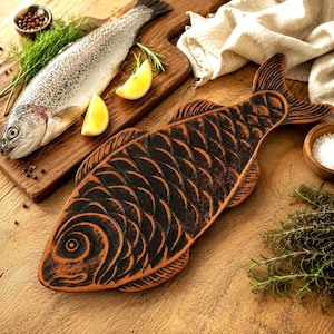 Handmade Ceramic Fish Plate, Fish Shaped Baking Dish, Rustic Terracotta Serving Platter