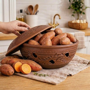 Contenitore in terracotta per patate e patate dolci – Contenitore traspirante in terracotta per verdure – Contenitore da cucina senza plastica