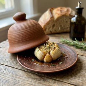 Garlic Roaster for One Bulb, Mini Clay Garlic Baker with Lid, Terracotta Garlic Keeper, Small Roasting Dish