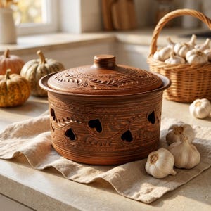 May include: A round, brown terracotta garlic keeper with a matching lid, featuring intricate embossed leaf patterns and heart-shaped ventilation cutouts around the sides. The vessel has a smooth, earthy finish and a wide, flat base for stability.