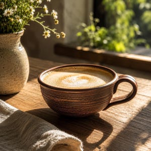 Könnte beinhalten: Ein breiter, dunkelbrauner Keramikbecher mit gerippter, strukturierter Oberfläche, gefüllt mit einem cremigen Latte mit Milchschaum. Der Becher hat einen stabilen Henkel und steht auf einer Holzoberfläche neben einer gesprenkelten Keramikvase.