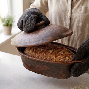 Terracotta Bread Baker with Lid, Oval Clay Baking Dish, Sourdough Loaf Pan, Rustic Oven Cookware, Handmade Farmhouse Kitchenware