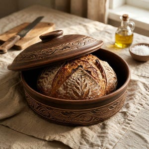 May include: A round, dark brown clay baking dish with a matching lid, both featuring intricate carved floral and scroll patterns. Inside the dish sits a freshly baked, golden-brown loaf of sourdough bread with a decorative wheat stalk design.