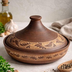 May include: A brown ceramic tagine pot with a conical lid and an intricate leaf pattern around the base. The pot is designed for cooking and serving, showcasing a rustic, handcrafted aesthetic. The pot is approximately 25 cm in diameter.