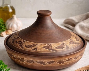 Tajín/Taginé de arcilla hecho a mano con tapa – Olla para tajine del Magreb, plato de cocción lenta de arcilla roja natural