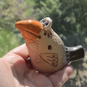 Può includere: Un fischietto in ceramica a forma di uccello con corpo beige testurizzato, becco arancione lucido e occhi bianchi con pupille blu. L'uccello presenta dettagli alari incisi, un piccolo foro circolare sul lato e una coda marrone scuro.