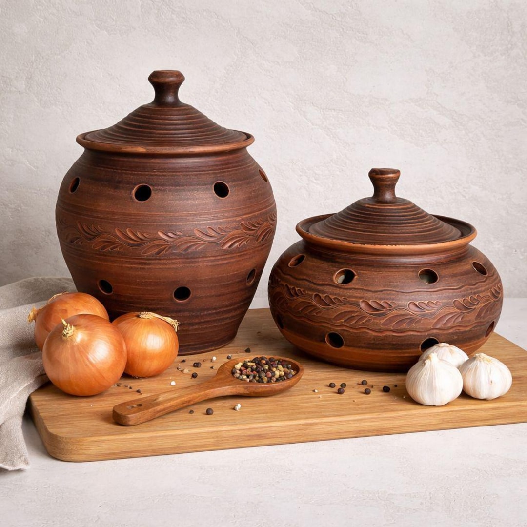 Garlic and Onion Storage Set – Breathable Terracotta Keepers With Lids ...