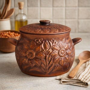 Può includere: Una pentola da cucina in ceramica marrone con coperchio, con un motivo floreale in rilievo. La pentola ha due manici laterali e un piccolo pomello sul coperchio. Un cucchiaio di legno è appoggiato su un panno a righe.