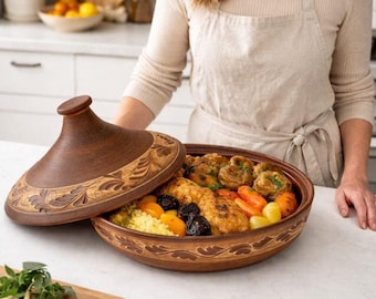 Handmade Clay Tagine for Oven Cooking – Red Terracotta Casserole with Lid
