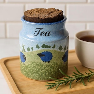 Vintage Price Kensington Tea Jar with Blue Sheep Scene, Hand Painted Ceramic Canister with Cork Lid, Made in England Pottery Gift for Host
