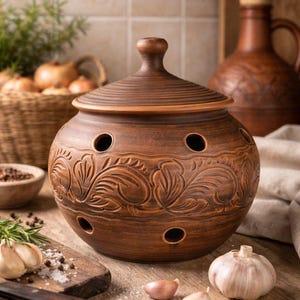 Large Terracotta Garlic Keeper with Lid, Handcarved Rustic Clay Pot, Family Size Breathable Kitchen Storage
