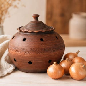 May include: A round, brown clay storage jar with a matching lid, featuring multiple circular ventilation holes around the body and a decorative embossed wave pattern. The jar is accompanied by several whole yellow onions placed nearby.