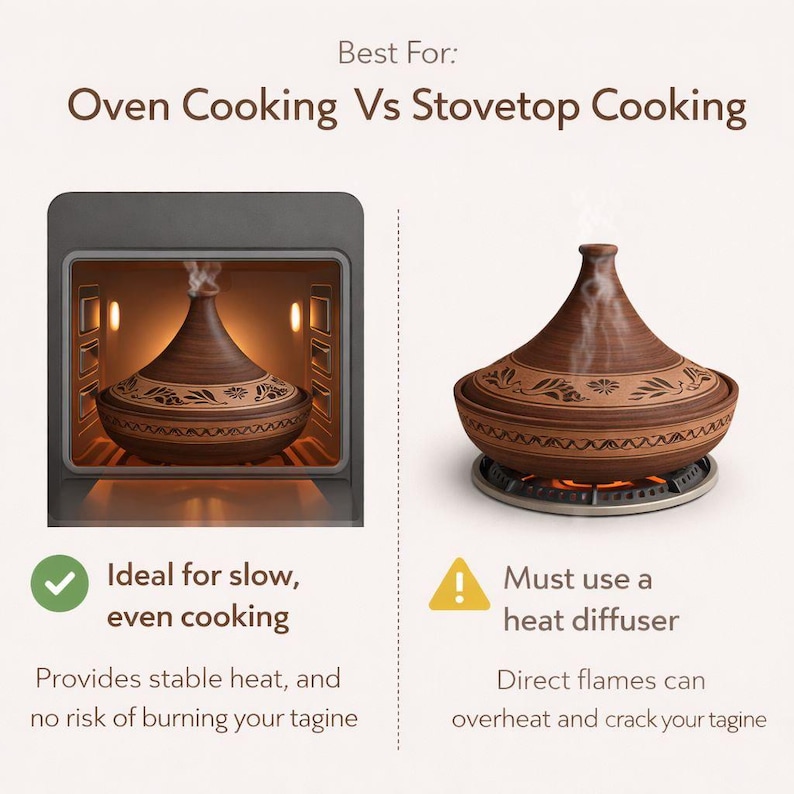 May include: An image comparing oven and stovetop cooking methods for a tagine. The text reads "Best For: Oven Cooking Vs Stovetop Cooking." The oven method is ideal for slow, even cooking, while stovetop cooking requires a heat diffuser.