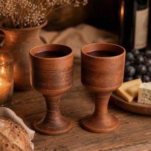 Op de afbeelding: Twee bijpassende terracotta bekers met een getextureerde, matte bruine afwerking en een cilindrische komvorm. Elke beker heeft een stevige steel en een brede, ronde voet en is gevuld met een donkerrode vloeistof op een houten ondergrond.