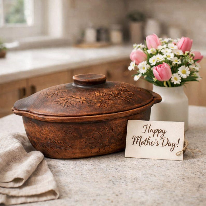 Terracotta Bread Baker with Lid, Oval Clay Baking Dish, Sourdough Loaf Pan, Rustic Oven Cookware, Handmade Farmhouse Kitchenware