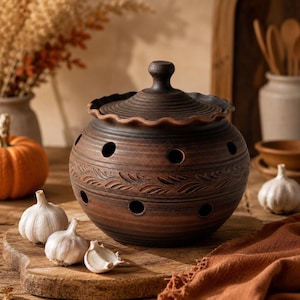 Gran recipiente festoneado para ajos, tarro de terracota para almacenar cebollas, maceta de barro con borde ondulado, regalo rústico de cocina de granja para el cocinero aficionado.