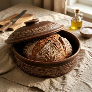 Könnte beinhalten: Eine runde, dunkelbraune Backform aus Ton mit passendem Deckel, beide mit kunstvoll geschnitzten Blumen- und Rankenmustern verziert. In der Form liegt ein frisch gebackener, goldbrauner Laib Brot mit einem eingravierten Ährenmuster.