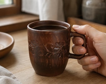 May include: A dark brown ceramic mug featuring a carved leaf and vine pattern around the exterior. The mug has a sturdy handle and a smooth, rounded rim, showcasing a natural clay texture with subtle variations in the deep brown color finish.