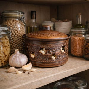 Pode incluir: Um recipiente de cerâmica castanha para alho com tampa, apresentando padrões de folhas esculpidas e orifícios de ventilação circulares. O recipiente tem um acabamento rústico e texturizado, posicionado ao lado de um alho e vários dentes.