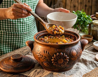 Unglazed Clay Cooking Pot with Lid, Milk Fired Earthenware Pot, Terracotta Stew Pot, Ukrainian Artisan Earthenware