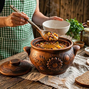 Pode incluir: Uma panela de barro castanha de formato redondo com tampa a condizer, apresentando padrões em relevo de girassóis e folhas no exterior. A panela contém um guisado de vegetais e uma colher de pau levanta uma porção do guisado.