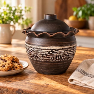 Op de afbeelding: Een donkerbruine keramische pot met bijpassend deksel, voorzien van een gegolfde rand en een decoratieve band met een reliëf van bladeren. De pot heeft een ronde vorm en een gladde, geglazuurde afwerking in diepe aardetinten.