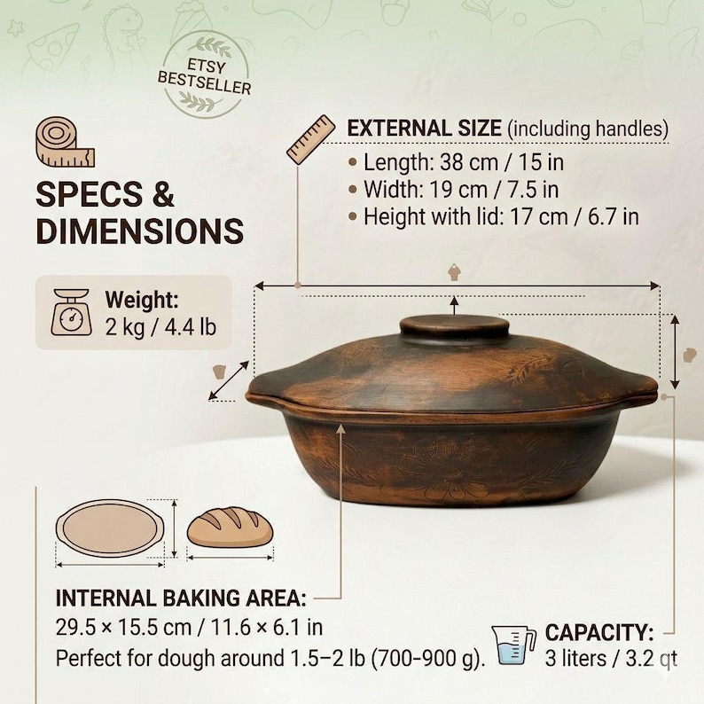 Terracotta Bread Baker with Lid, Oval Clay Baking Dish, Sourdough Loaf Pan, Rustic Oven Cookware, Handmade Farmhouse Kitchenware