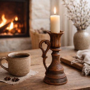 May include: A brown ceramic candle holder with a curved handle and a floral relief pattern at the base. The holder features a wide, scalloped top rim and supports a single, lit, off-white pillar candle with a visible flame.